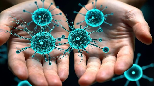 Hands Reaching Out to Floating Digital Viruses Conceptual Illustration