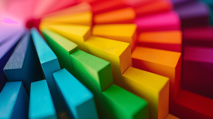 Fototapeta premium Rainbow-colored paper and pencils create a vibrant spectrum