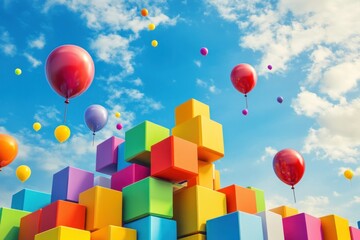 Obraz premium Colorful Building Blocks with Balloons Against a Bright Sky