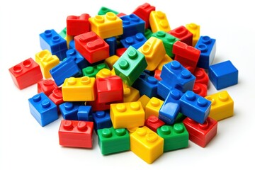 Obraz premium Colorful Building Blocks Piled Together on White Background