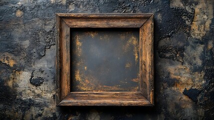 Vintage wooden frame with a weathered distressed appearance against an aged concrete wall background with a textured grunge like surface and rustic industrial details