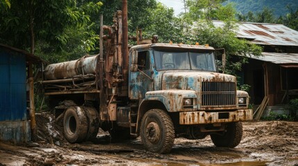 Obraz premium Ground water hole drilling machine installed on the old truck in Thailand. Worker waiting and keeping an eye on Ground water well drilling.