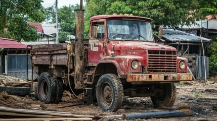 Obraz premium Ground water hole drilling machine installed on the old truck in Thailand. Ground water well drilling.