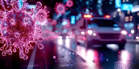 Fototapeta premium Glowing pink coronavirus cells floating over blurred urban night street with car lights and wet asphalt, medical science concept background.