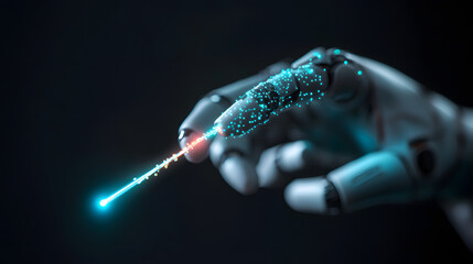 A robotic hand holding a fiber optic wand, emitting holographic light patterns