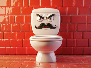 an open toilet with a mustache attached to the lid and angry looking eyes