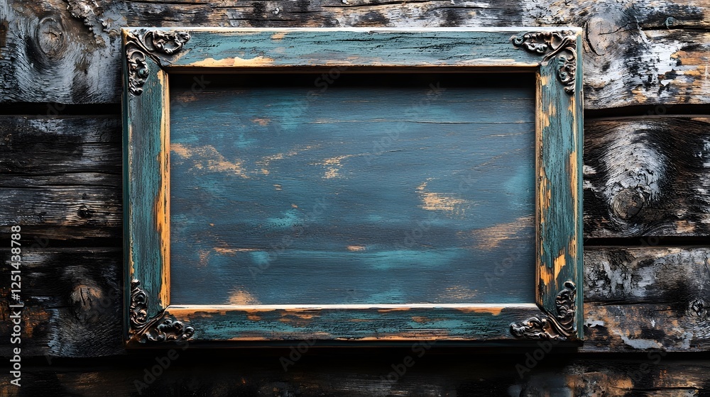 Poster weathered and distressed wooden frame hanging on a rustic aged wooden wall background the frame has 