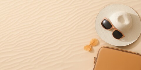 A hat and sunglasses are on a sandy beach. The hat is white and the sunglasses are black