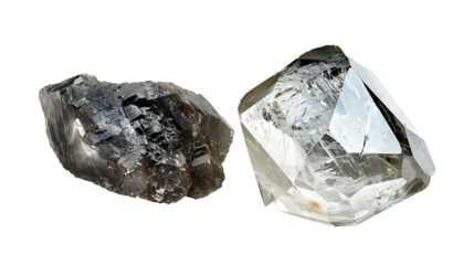 A rough, unpolished diamond beside a perfectly cut and shiny one, showing transformation, isolated on a white background