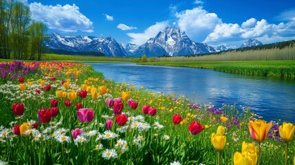 Mountain lake with clear water reflecting peaks trees and clouds in a peaceful summer landscape