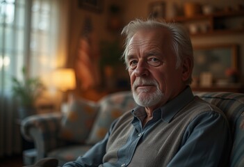 Elderly man relaxing in a cozy living room with warm lighting and a comfortable armchair, surrounded by soft furnishings and a serene atmosphere perfect for a peaceful evening at home