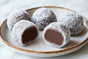 Sweet Chocolate Treats Coated in Powdered Sugar on Plate
