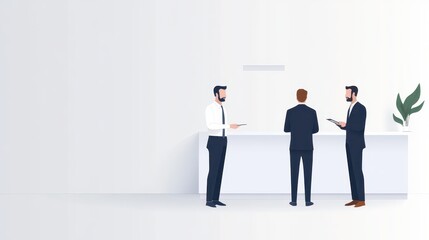 Fototapeta premium Three men in business attire are conversing near a sleek reception desk in a contemporary office. The atmosphere is focused and professional, with a potted plant in the background