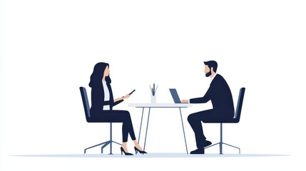 Two business professionals are seated at a table in a modern office environment. One person is using a laptop, while the other is focused on a smartphone, exchanging ideas