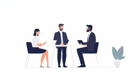 Three business professionals are gathered around a table in a bright, minimalistic office. Two men and one woman hold digital devices, actively conversing and collaborating