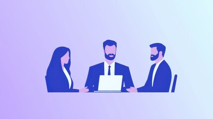 Three professionals are seated at a table in a contemporary office space, discussing ideas while focusing on a laptop in front of them. The atmosphere appears collaborative and productive