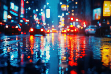 Rain-soaked city streets at night, illuminated by vibrant neon lights. Reflective surfaces create a dreamy atmosphere in this captivating image.