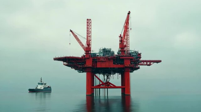 Offshore oil rig with tugboat in calm sea waters