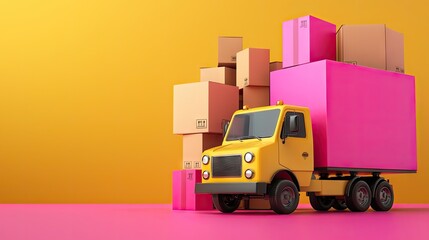 Obraz premium Colorful truck loaded with cardboard boxes on a pink and yellow background. Possible use E-commerce, shipping