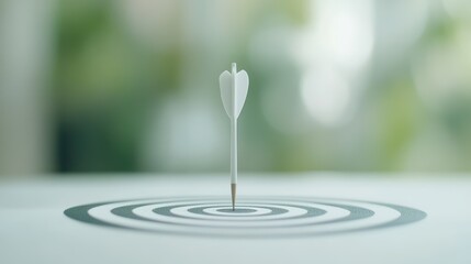 A white dart pierced the central point of a concentric circle target placed on a table. This emphasizes skill and concentration in a well-lit environment