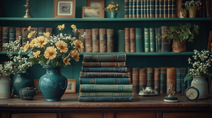 Stacked books, vase, clock on library table, bookshelf backdrop