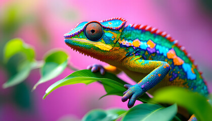 Obraz premium Multicolored Chameleon on Lush Green Leaves with a Colorful Background