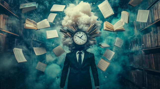 Surreal figure with exploding books and clock in a mystical library setting illustrates concepts of time and knowledge