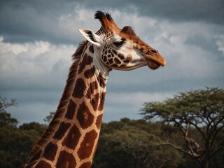 Obraz premium AI-generated image of a majestic giraffe with intricate details and vibrant colors. Perfect for wildlife, nature, and safari-themed stock photography.