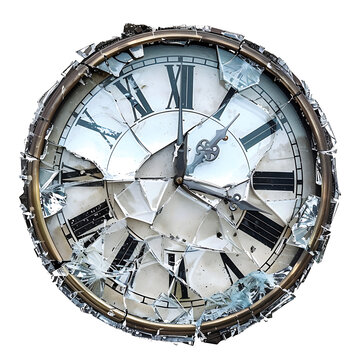 A broken clock with shattered glass and frozen hands, symbolizing lost time, isolated on a white background.
