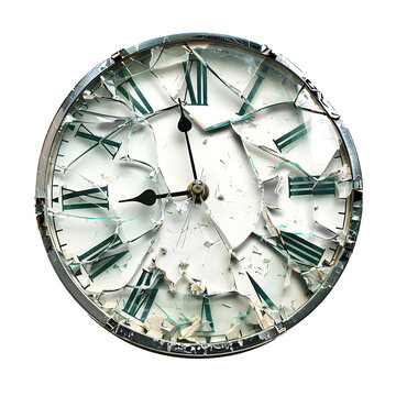 A broken clock with shattered glass and frozen hands, symbolizing lost time, isolated on a white background.