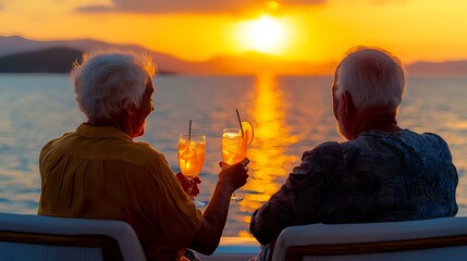 Senior couple enjoying cocktails at sunset by ocean, sitting in beach chairs with golden sun reflecting on water, romantic vacation moment.