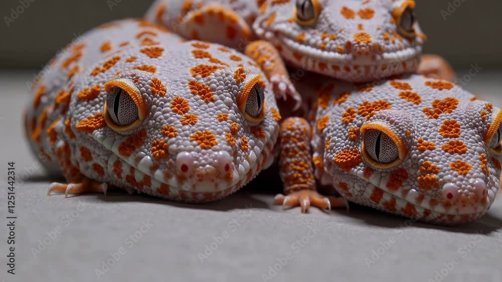 Poster three vibrant orange and white geckos resting closely together on a soft surface.