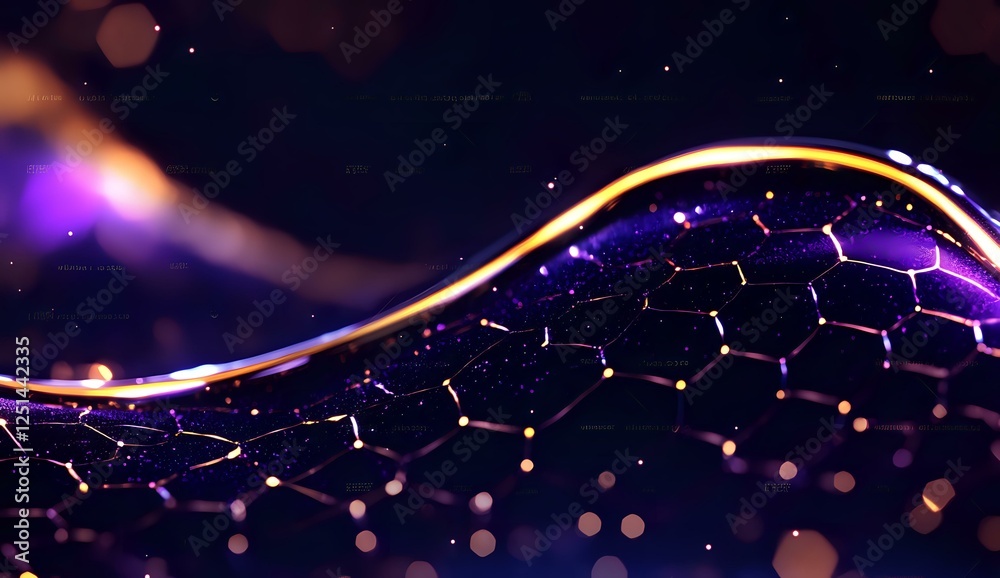 Poster abstract technology background with glowing hexagonal grid pattern and golden light wave, illuminate