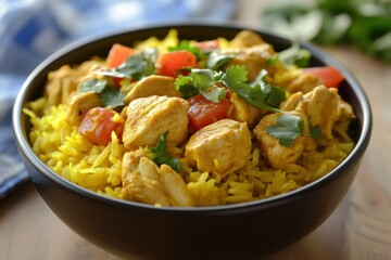 Delicious Chicken Biryani with Fresh Herbs and Colorful Vegetables