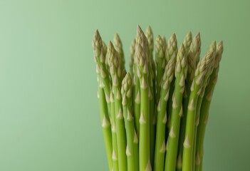 Fresh green asparagus spears neatly arranged on a light green background showcasing their vibrant color and healthy, crisp appearance perfect for culinary presentations and health-related content