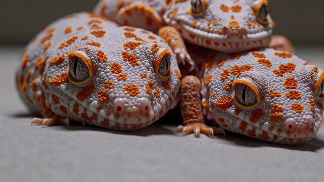  Three vibrant orange and white geckos resting closely together on a soft surface.