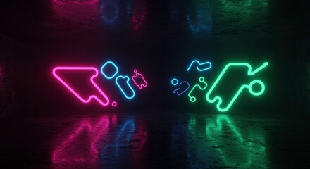 Neon Abstract Shapes:  A pair of abstract neon shapes, one pink and the other green, shimmer and glow against a dark background, their reflections dancing on a sleek, reflective surface.