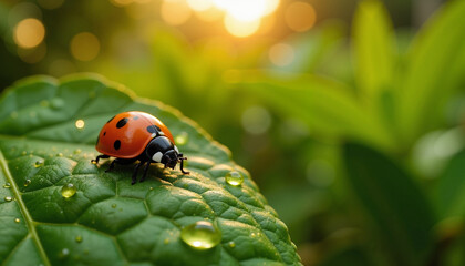 Obraz premium Ladybug on green leaf with morning dew
