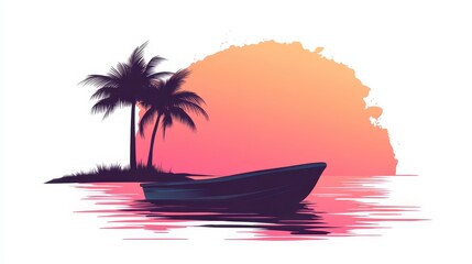 A serene sunset paints the sky in shades of pink and orange as a small boat drifts on calm waters near a secluded island with swaying palm trees, creating a peaceful atmosphere