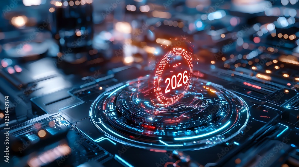 Poster futuristic holographic display showing year 2026 with glowing red circular interface on circuit boar