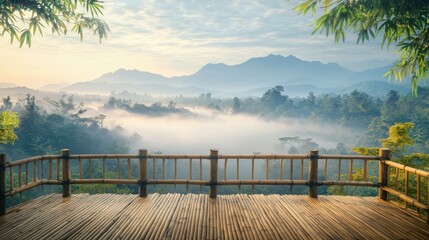 Naklejka premium A beautiful morning fog scenery in the bamboo balcony with mountain background. Start new day with the nice view. Fresh Days.