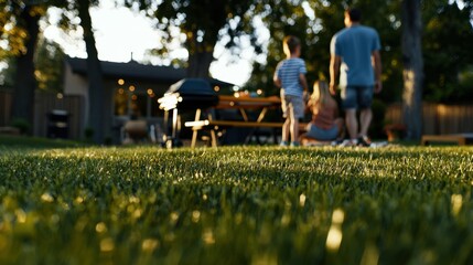 A family is enjoying a barbecue in their backyard