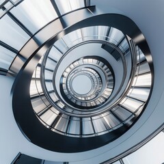 Fototapeta premium Abstract Spiral Staircase Design In Light Gray And Metal (Keywords) spiral staircase,spiral stairs,staircase,stairs,architecture,spiral,modern architecture,metal staircase,geometric design,abstract
