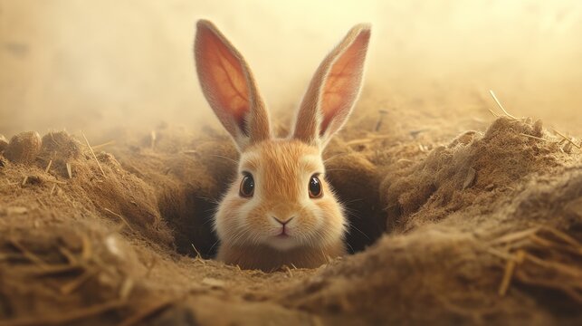 Easter bunny peeking out of a hole on cream color background. 3d rendering