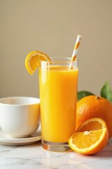 Fototapeta premium Fresh orange juice in glass with straw, beside white cup, yellow, glass, still life