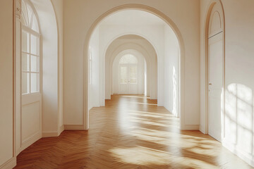 Fototapeta premium Long hallway with wooden floors, arched windows, and a vintage chandelier hanging overhead, casting soft light on elegant paintings adorning the walls.