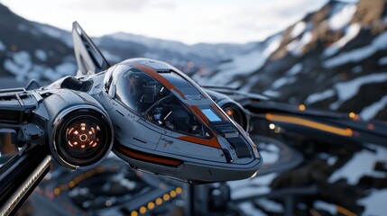 Fototapeta premium A futuristic fighter jet is flying over a snowy mountain range
