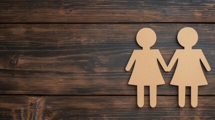 Two paper cutout figures of women holding hands on a wooden surface, symbolizing friendship, unity, or love.