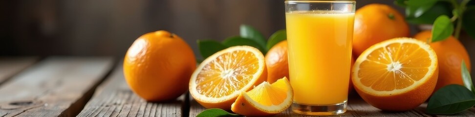 Fresh orange juice, sliced oranges on rustic wood table, table, healthy eating, orange juice