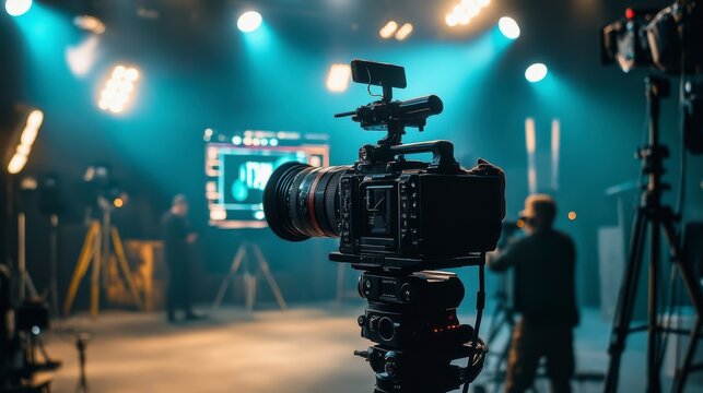 Film and television studio with cameras and equipment on stage under a spotlight